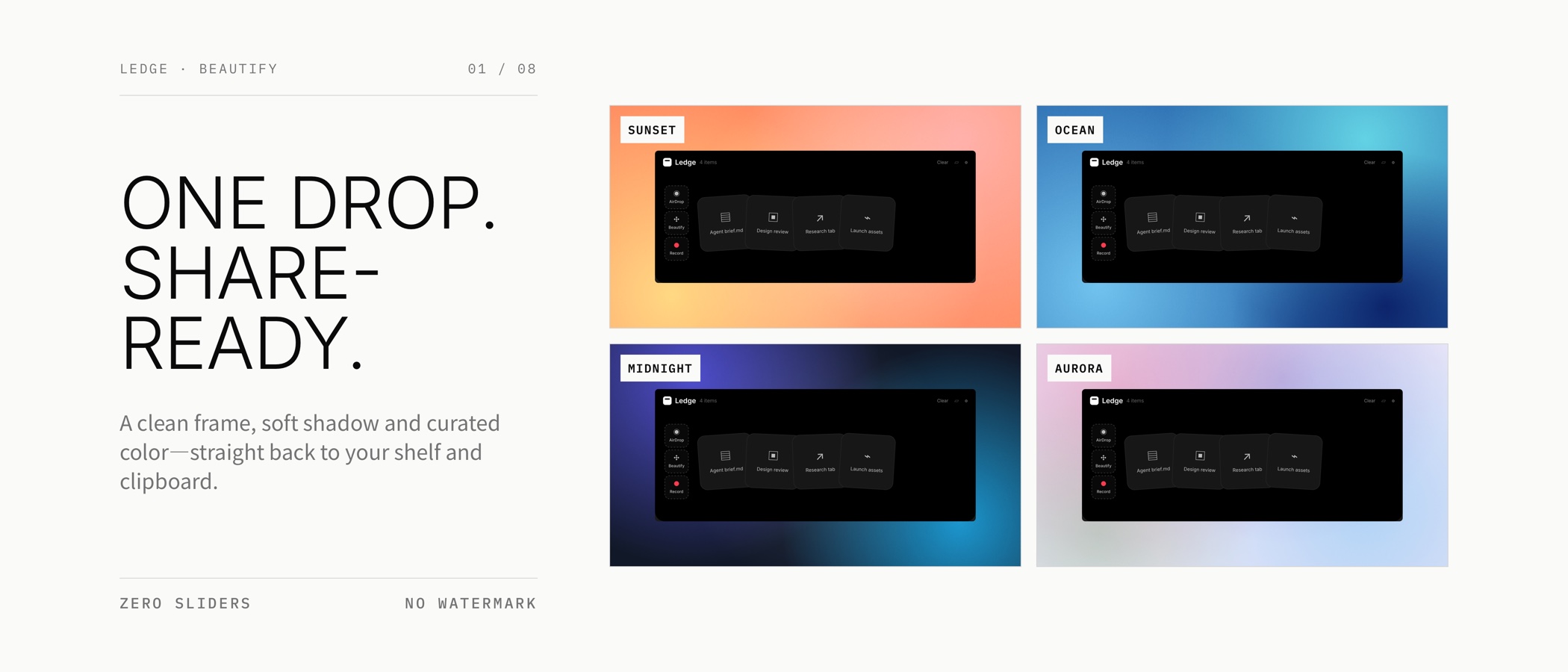 Ledge Beautify — four real outputs from the current app
